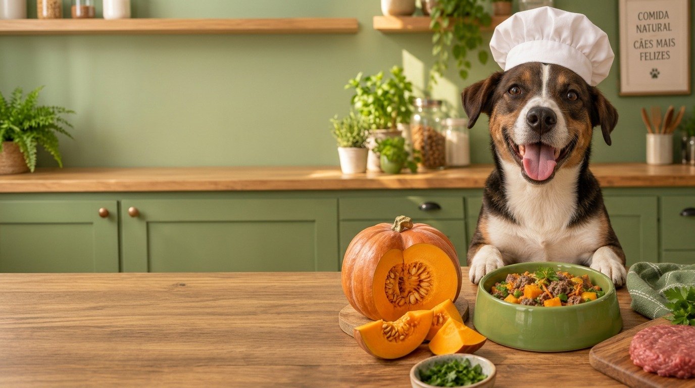 Cachorro usando chapéu de chef ao lado de uma tigela de comida natural fresca